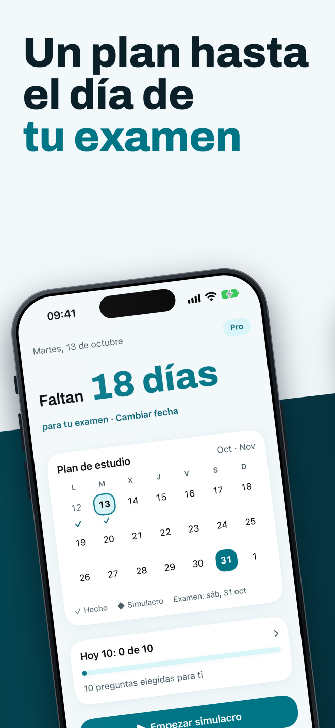 Pantalla del plan de estudio hasta el día del examen